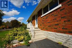 Doorway to property featuring brick siding -