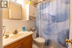 Full bath with a shower with shower curtain, vanity, and wainscoting -