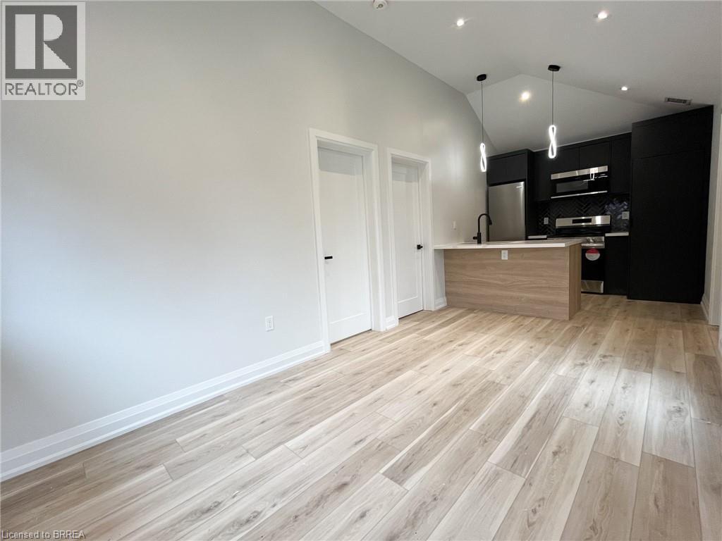 Kitchen with dark cabinetry, modern cabinets, light wood finished floors, stainless steel appliances, and high vaulted ceiling - 110 Deschene Avenue, Hamilton, ON - Indoor