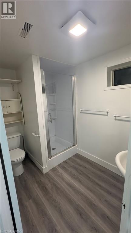 Full bathroom featuring a shower stall and dark wood-type flooring - 18 Ingleside Drive, Kitchener, ON - Indoor Photo Showing Bathroom