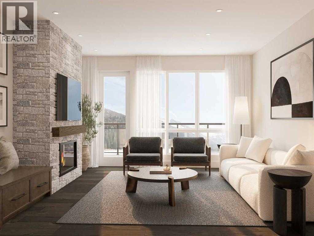 832, 101H Stewart Creek Rise, Canmore, AB - Indoor Photo Showing Living Room With Fireplace