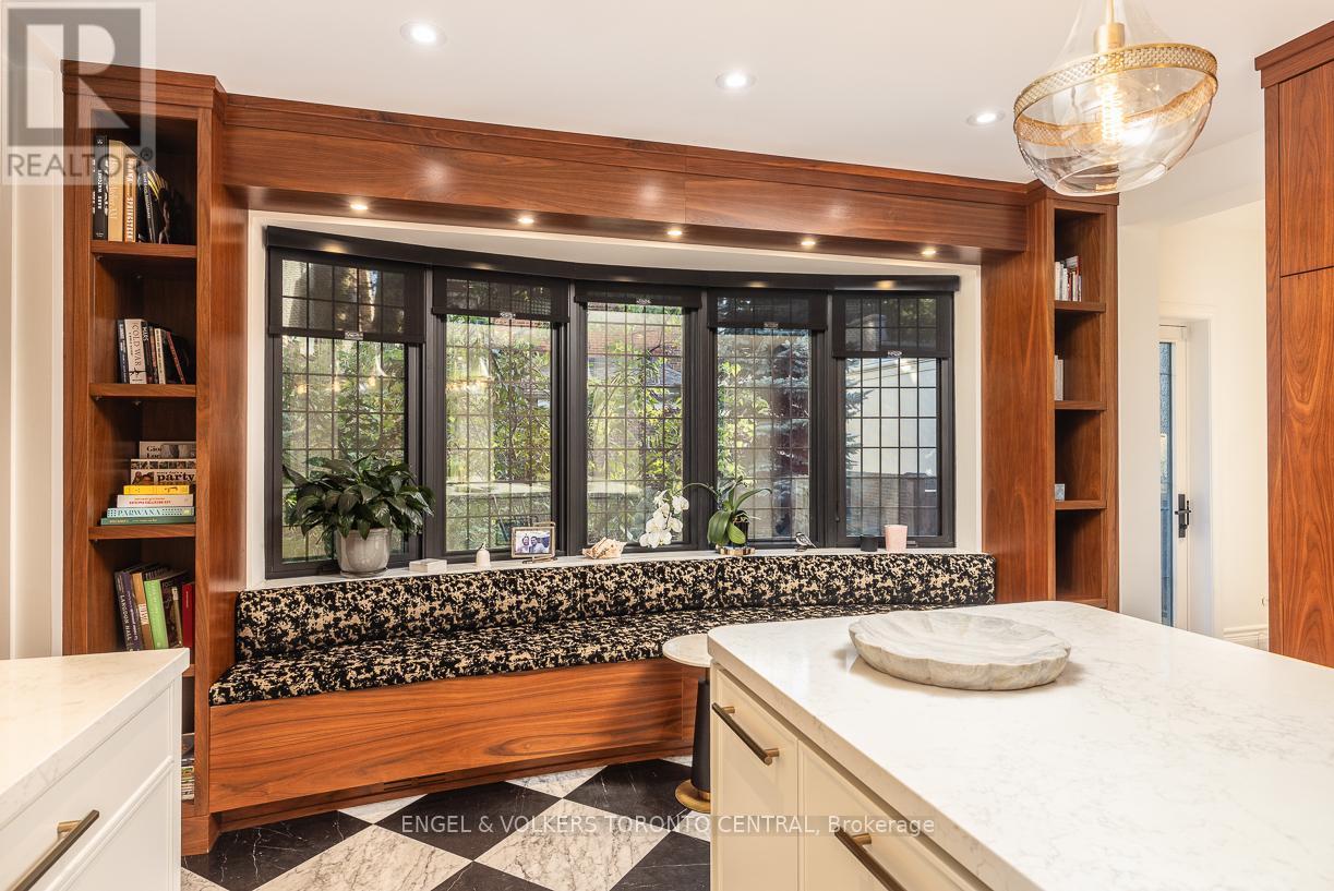 Built-in bench with designer fabric and bow window - 1 Bryce Avenue, Toronto, ON - Indoor Photo Showing Other Room