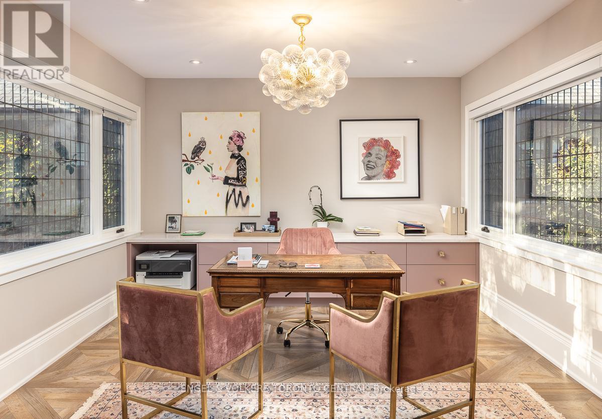 Custom built-ins and wall to wall leaded windows - 1 Bryce Avenue, Toronto, ON - Indoor Photo Showing Office