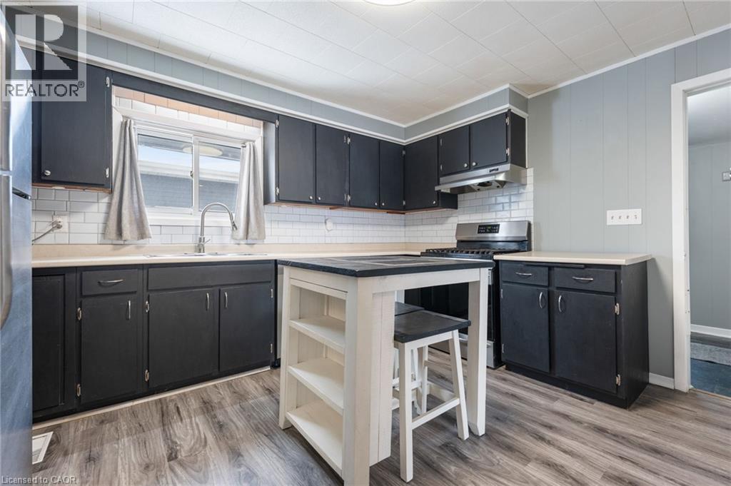 Kitchen featuring dark cabinets, stainless steel appliances, light wood-type flooring, decorative backsplash, and under cabinet range hood - 234 Head Street N, Simcoe, ON - Indoor Photo Showing Kitchen