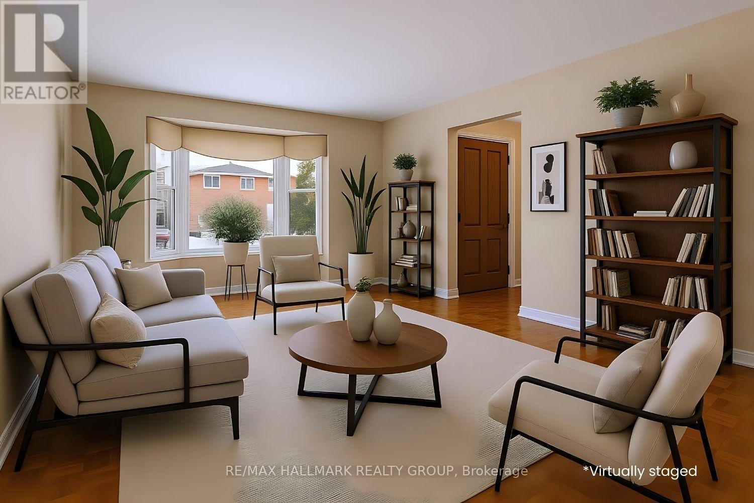Virtually Staged living room with bay window - 944 Greenbriar Avenue, Ottawa, ON - Indoor Photo Showing Living Room