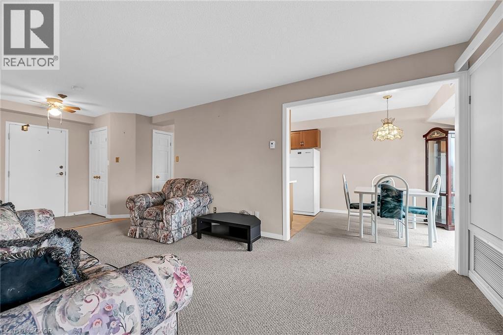 Living area featuring light colored carpet, baseboards, and ceiling fan - 416 Limeridge Road E Unit# 309, Hamilton, ON - Indoor Photo Showing Living Room