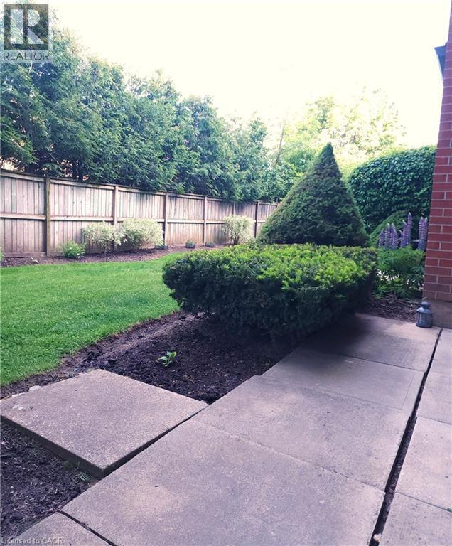 Private backyard area featuring a wood fence, mature evergreen trees, and a manicured lawn - 1450 Glen Abbey Gate Unit# 913, Oakville, ON