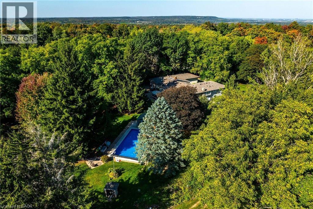 Aerial view of property's location with a pool and a heavily wooded area - 5590 Blind Line, Burlington, ON - Outdoor With View