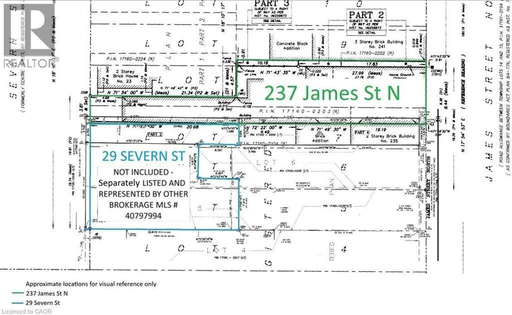 Blended Surveys for visual refrence only - approximate lot lines . 29 severn not included and separately represented contact listing brokerage. - 237 James Street N, Hamilton, ON