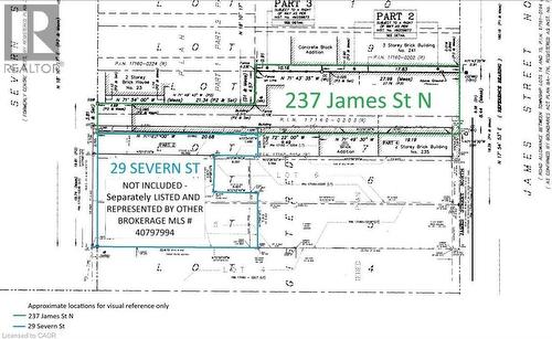 Blended Surveys for visual refrence only - approximate lot lines . 29 severn not included and separately represented contact listing brokerage. - 237 James Street N, Hamilton, ON 