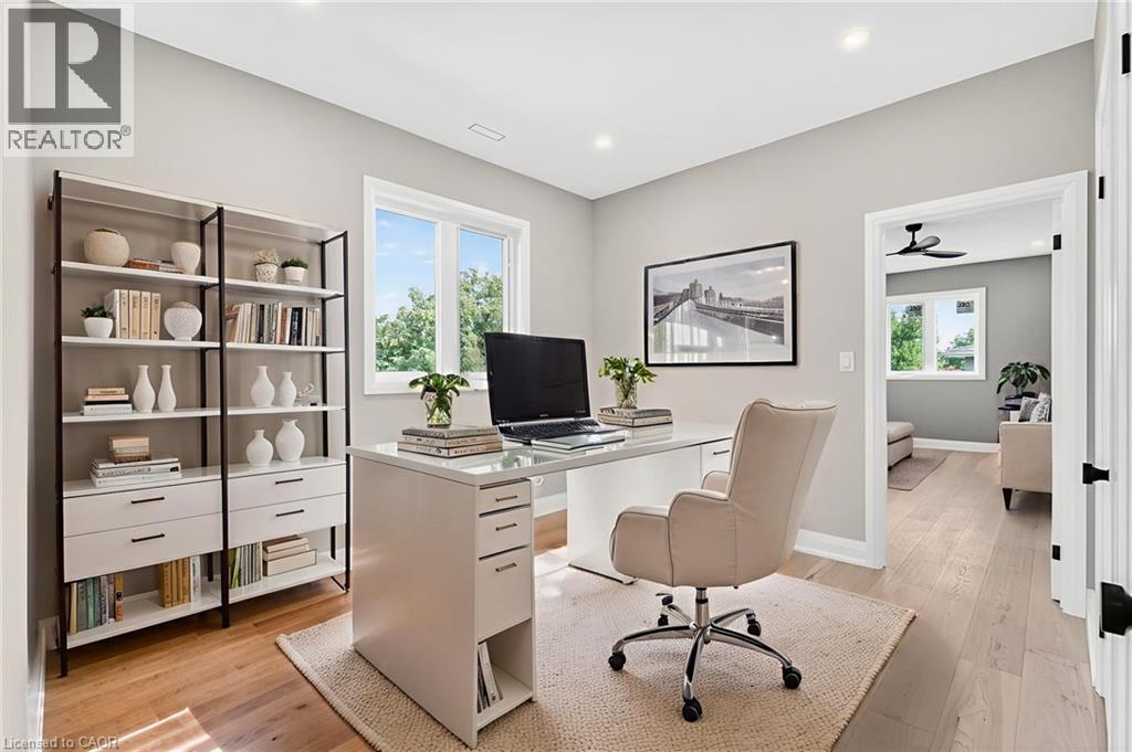 Home office featuring light wood-type flooring, recessed lighting, and ceiling fan - 4006 Flemish Drive, Burlington, ON - Indoor Photo Showing Office