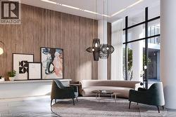 Building lobby featuring a high ceiling, a wall of windows, and wood walls -