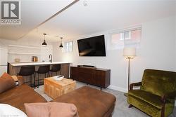 Living area featuring light colored carpet -