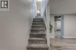 Staircase with wood finished floors and baseboards -
