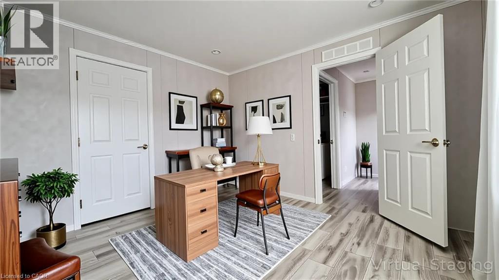 Office area with ornamental molding, light wood-style flooring, and recessed lighting - 24 Macpherson Crescent, Flamborough, ON - Indoor