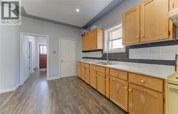 Kitchen with tasteful backsplash, plenty of natural light, dark wood-style flooring, white stove, and recessed lighting -