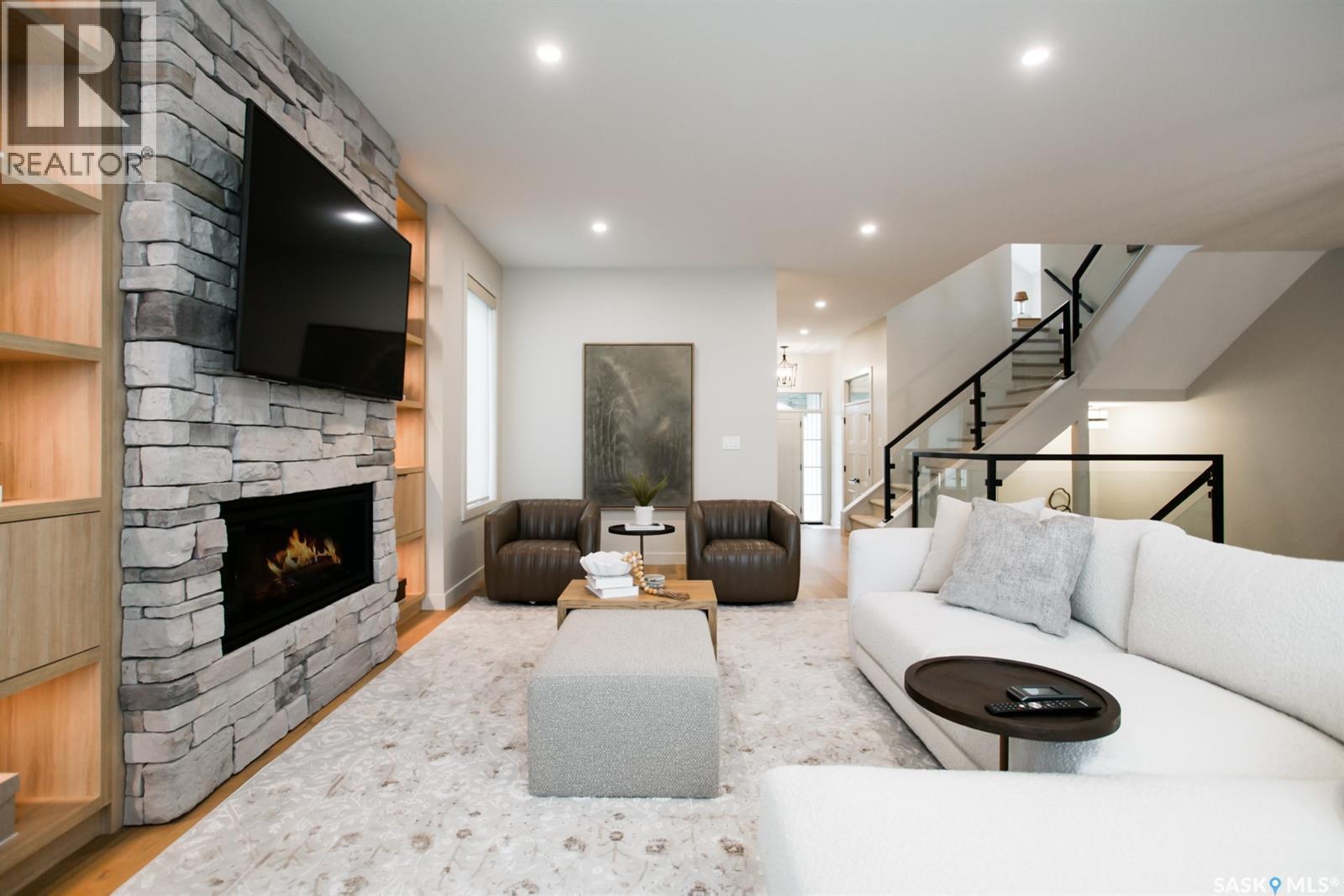4158 Fieldstone Way, Regina, SK - Indoor Photo Showing Living Room With Fireplace