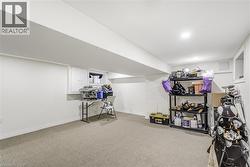 Finished below grade area with light colored carpet and baseboards -