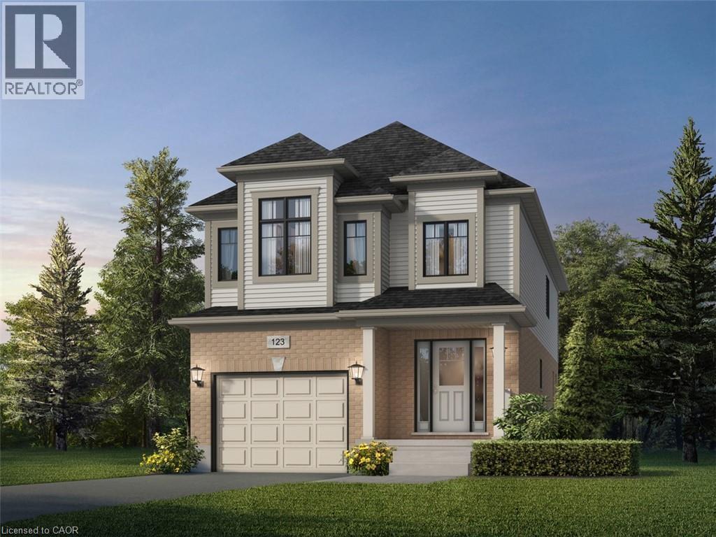 View of front of house with an attached garage, a front yard, brick siding, and a shingled roof - Lot 24 Grange Road, Guelph, ON