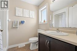 Full bath with a shower with curtain, vanity, and dark tile patterned floors -