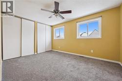 Unfurnished bedroom featuring two closets, carpet floors, a textured ceiling, and a ceiling fan -