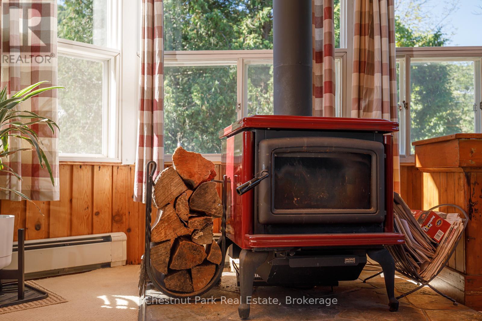 Wood burning stove in living room - 158 Wensley Drive, Blue Mountains, ON - Indoor With Fireplace
