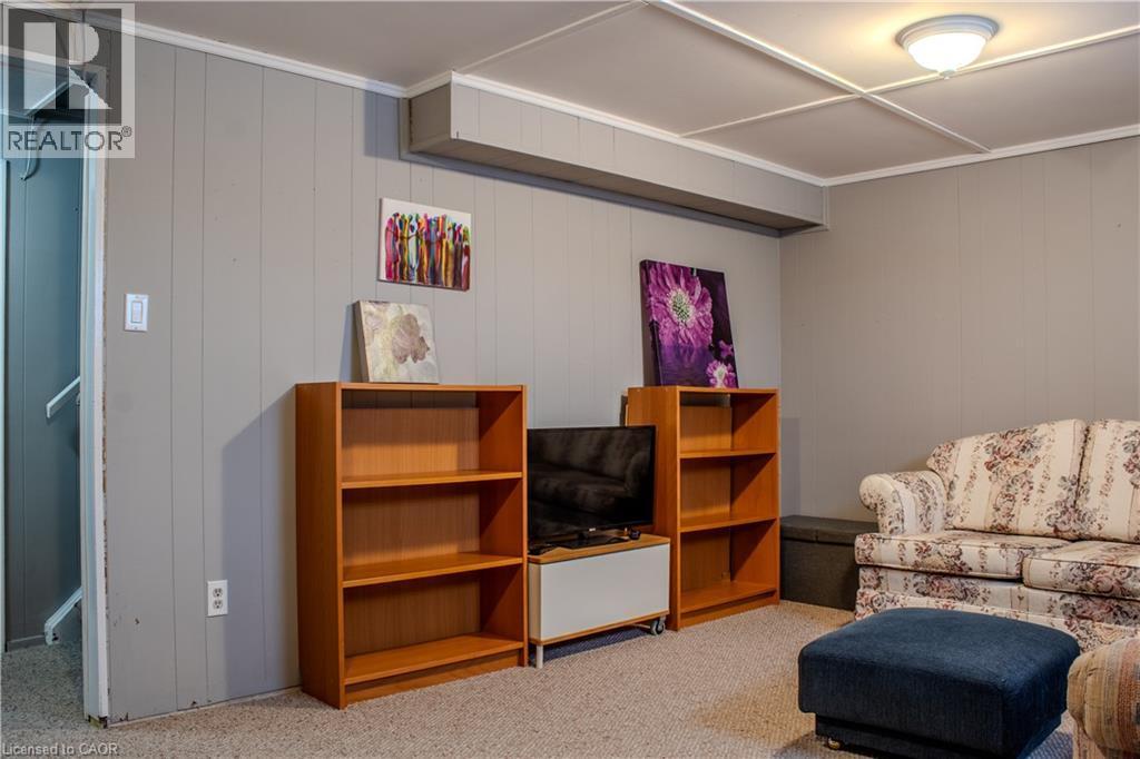 Basement living area with light colored carpet, wainscot ceiling, and shiplap walls - 48 Riverdale Drive Unit# 2, Hamilton, ON - Indoor