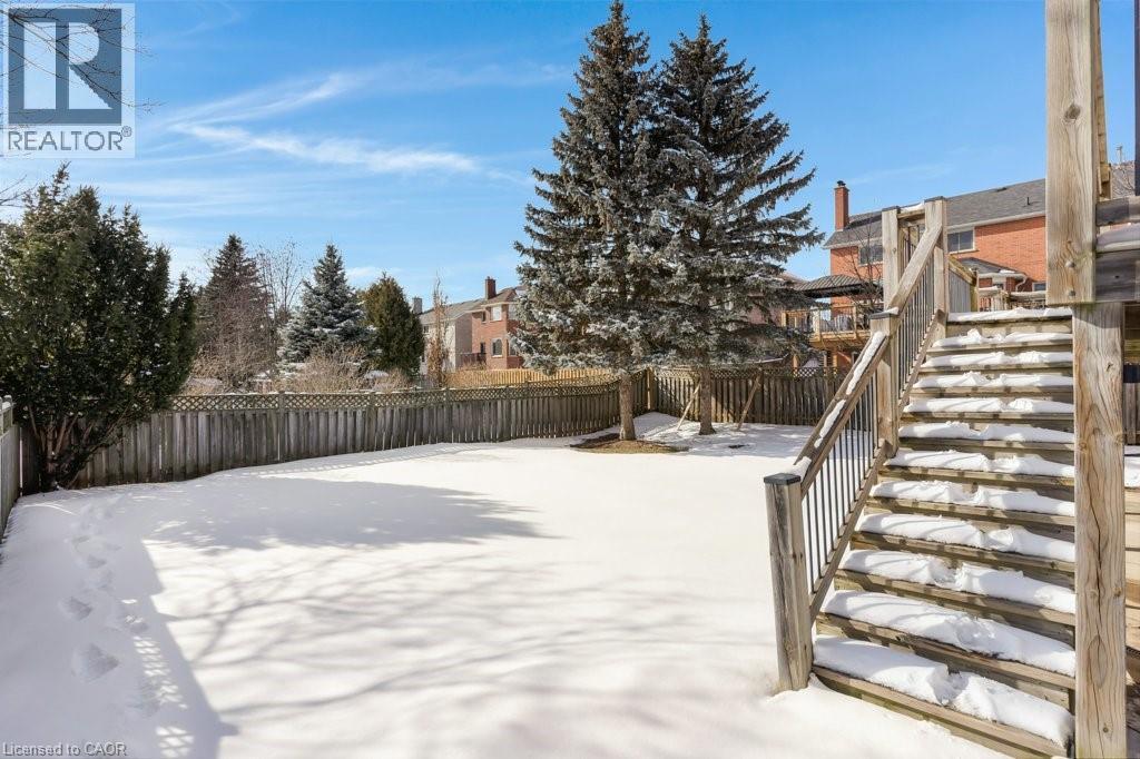 Yard covered in snow featuring stairs and a fenced backyard - 148 Cowan Boulevard, Cambridge, ON - Outdoor