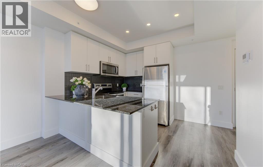Kitchen with dark stone countertops, stainless steel appliances, white cabinetry, light wood-style flooring, and a peninsula - 103 Roger Street Unit# 310, Waterloo, ON - Indoor Photo Showing Kitchen With Stainless Steel Kitchen