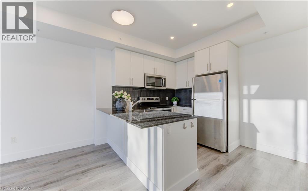 Kitchen with dark stone counters, stainless steel appliances, white cabinetry, light wood-style floors, and recessed lighting - 103 Roger Street Unit# 310, Waterloo, ON - Indoor Photo Showing Kitchen