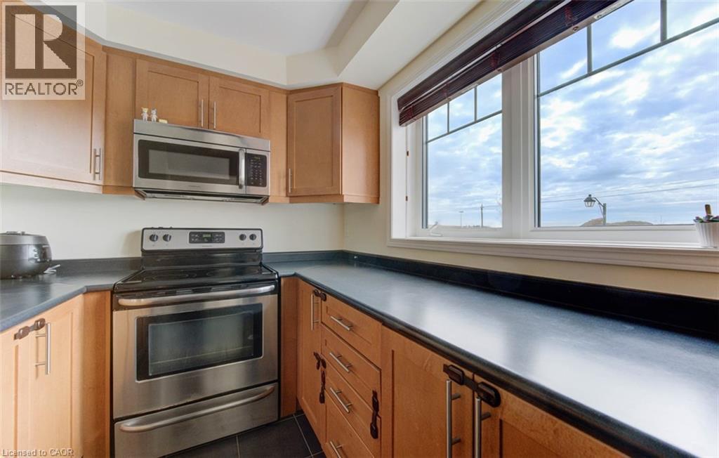 Kitchen with stainless steel appliances, dark countertops, and wood finish cabinets - 9 Outlook Terrace, Kitchener, ON - Indoor Photo Showing Kitchen With Stainless Steel Kitchen