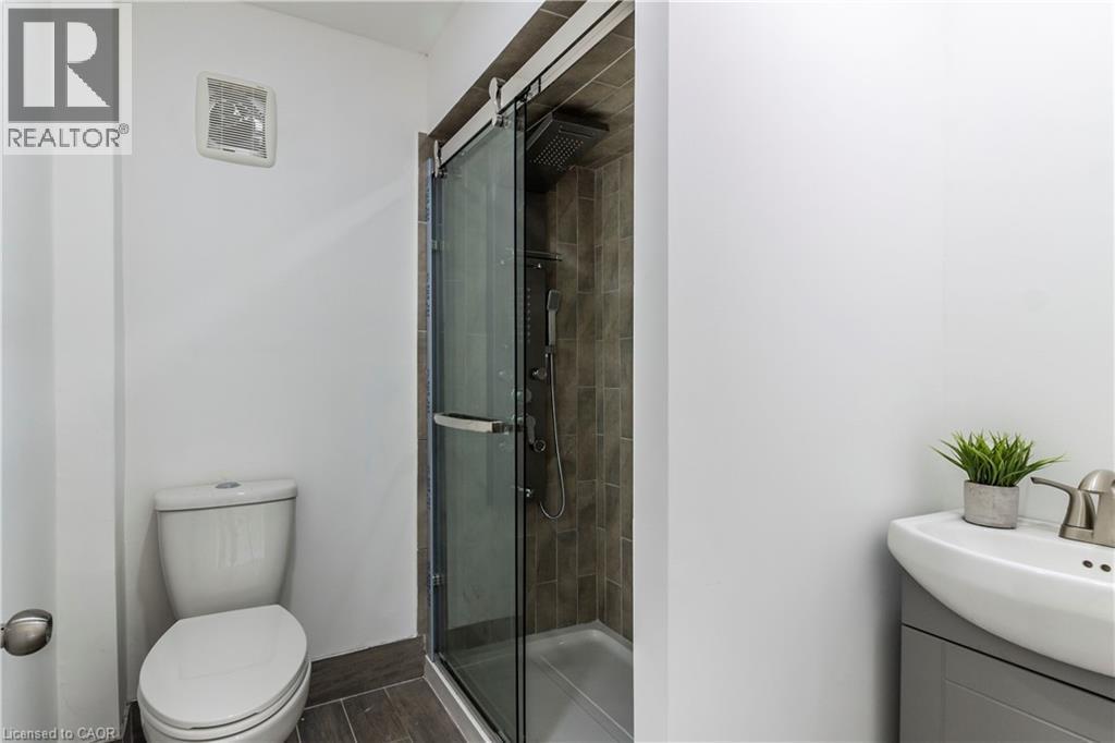 Bathroom with vanity, a stall shower, and wood tiled floors - 1411 E 56 Highway, Glanbrook, ON - Indoor Photo Showing Bathroom