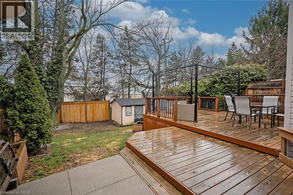 Wooden deck featuring a fenced backyard, a shed, and outdoor dining space - 1278 Consort Crescent, Burlington, ON - Outdoor With Deck Patio Veranda
