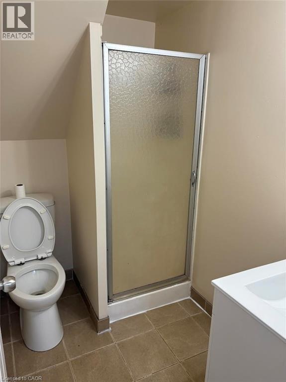 Full bathroom with a stall shower, vanity, tile patterned floors, and vaulted ceiling - 95 Sanford Avenue N, Hamilton, ON - Indoor Photo Showing Bathroom