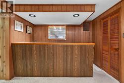 Bar with wood walls, recessed lighting, and light carpet -