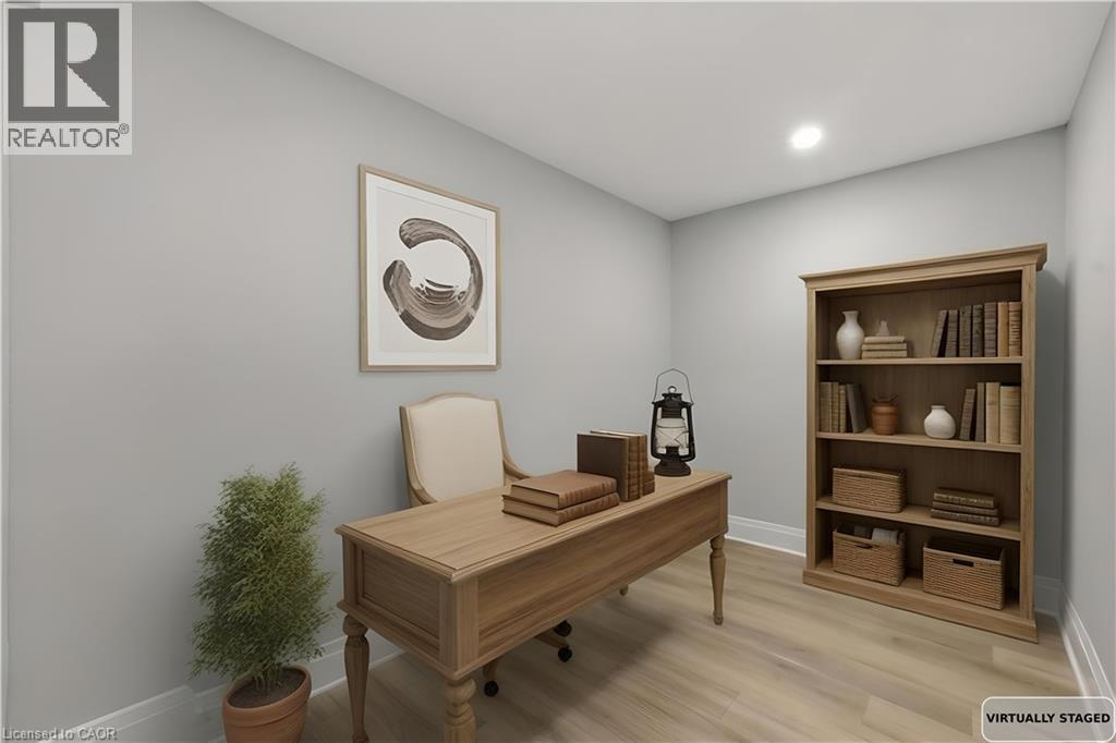 Office area featuring light wood-type flooring and recessed lighting - 129 Jackson Street W, Hamilton, ON - Indoor Photo Showing Office