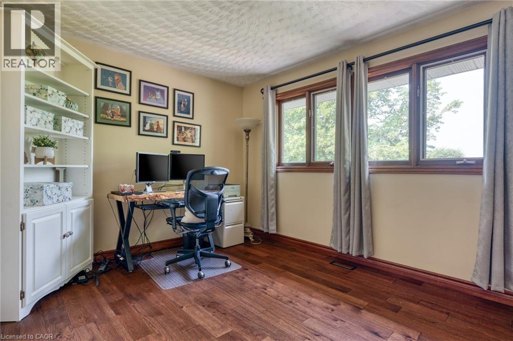 Office space with dark wood-style floors and a textured ceiling - 15 Marquette Drive, Kitchener, ON - Indoor Photo Showing Office