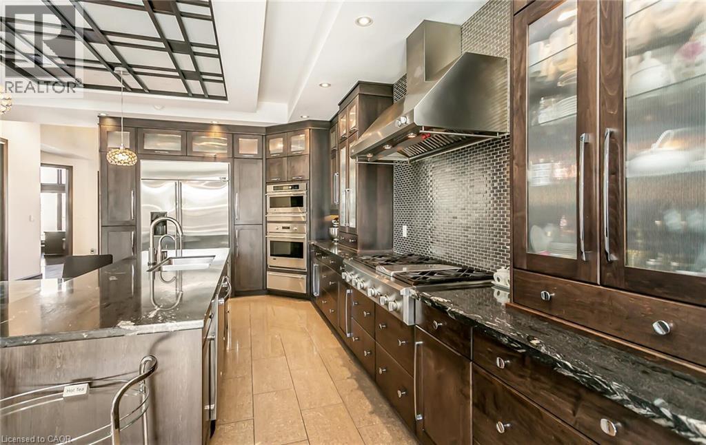 Kitchen featuring glass insert cabinets, decorative light fixtures, dark stone counters, and stainless steel appliances - 24 Jacob Gingrich Drive, Kitchener, ON - Indoor Photo Showing Kitchen With Upgraded Kitchen