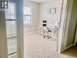 Office area featuring light colored carpet and baseboards -