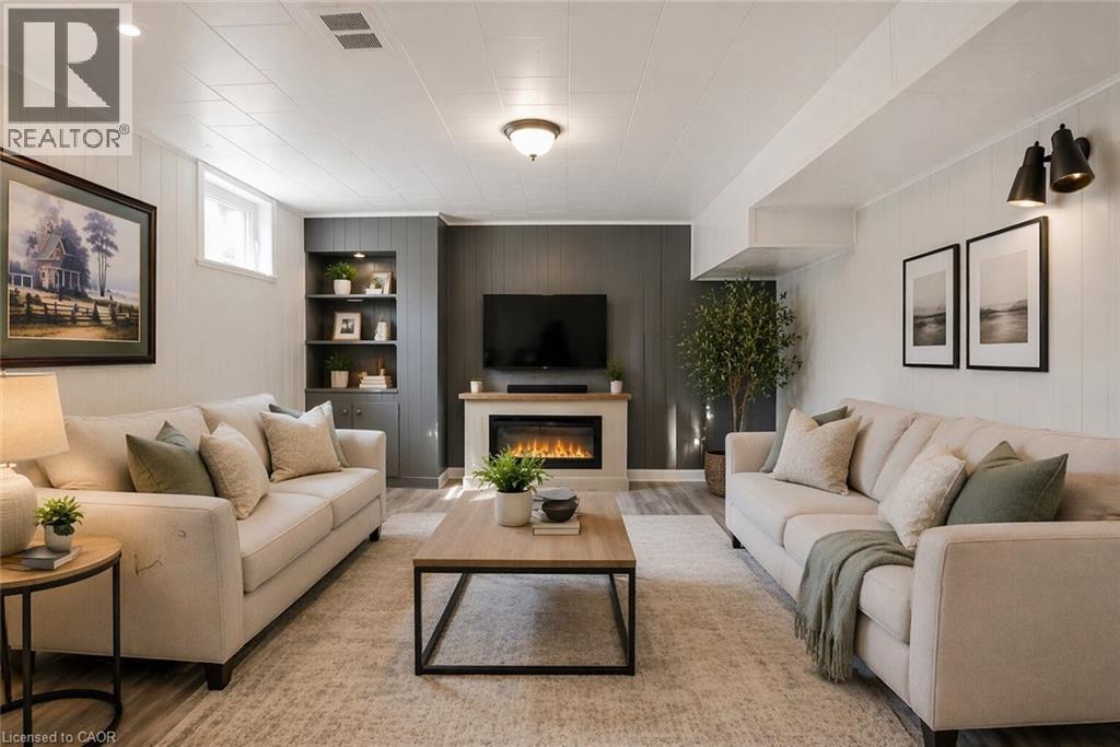 Virtually Staged Family Room - 5 Albert Street E, Alliston, ON - Indoor Photo Showing Living Room With Fireplace