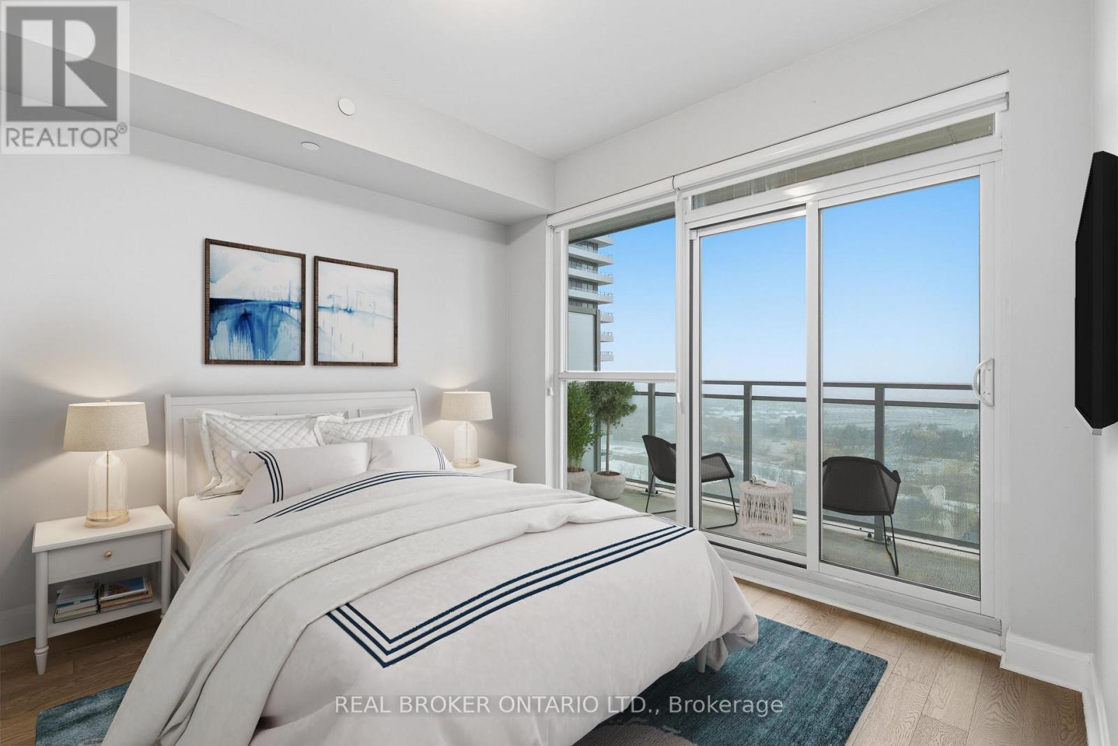 Bedroom with Balcony Access - Virtually Staged - 1801 - 33 Shore Breeze Drive, Toronto, ON - Indoor Photo Showing Bedroom