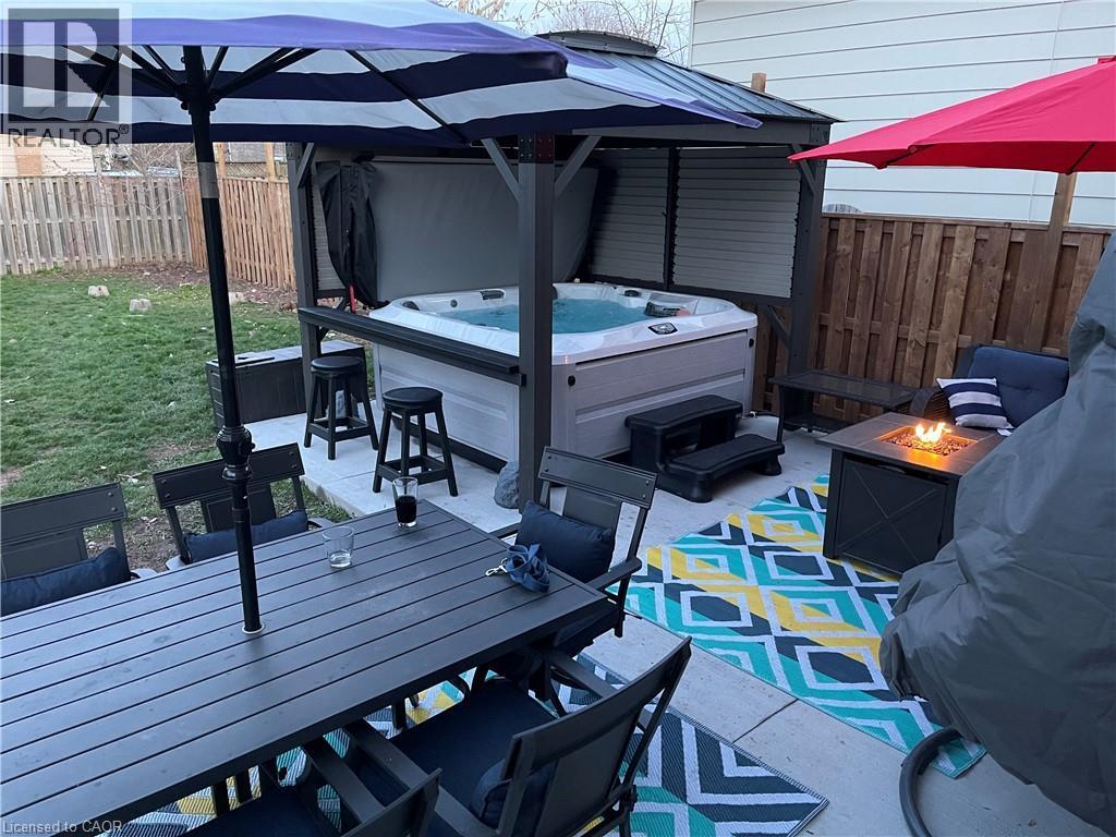 The property features a patio area with a hot tub, a gazebo, and a fire pit - 420 Waverly Street, Hamilton, ON - Outdoor With Deck Patio Veranda With Exterior