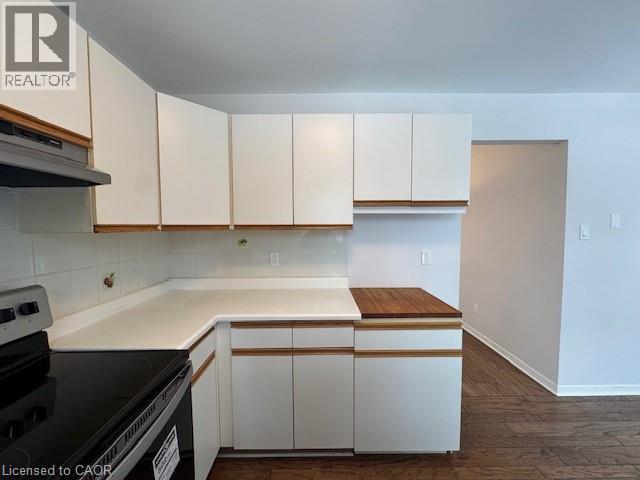 Kitchen featuring stainless steel electric range oven, white cabinets, light countertops, dark wood-type flooring, and tasteful backsplash - 536 Thorndale Drive, Waterloo, ON - Indoor Photo Showing Kitchen