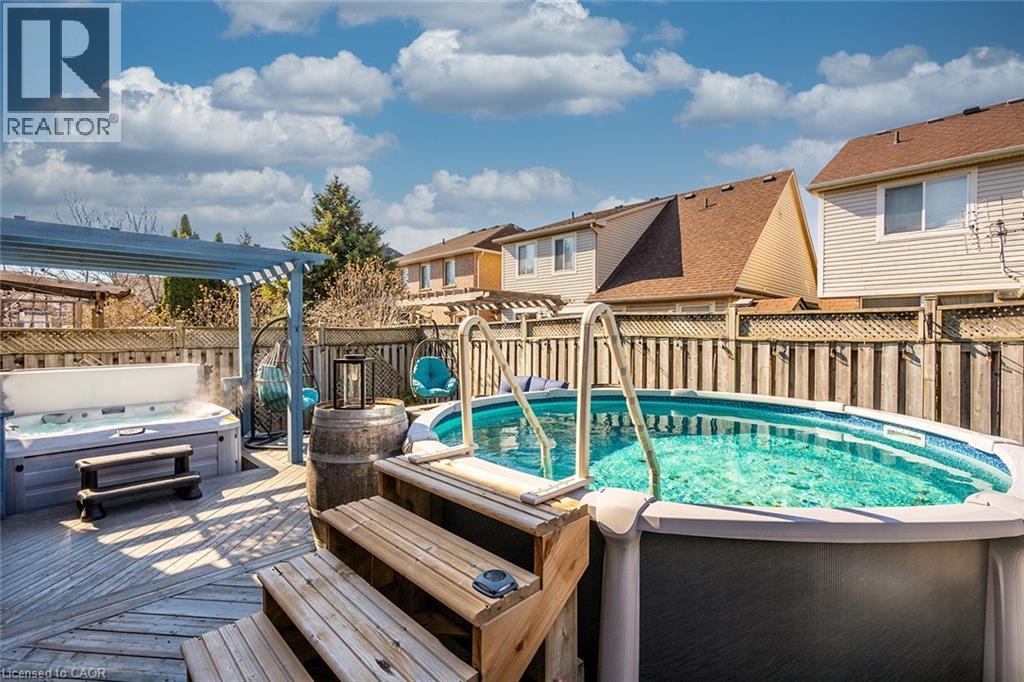 View of swimming pool featuring a hot tub, a deck, a fenced backyard, a residential view, and a pergola - 599 Caverhill Crescent, Milton, ON - Outdoor With Above Ground Pool With Deck Patio Veranda