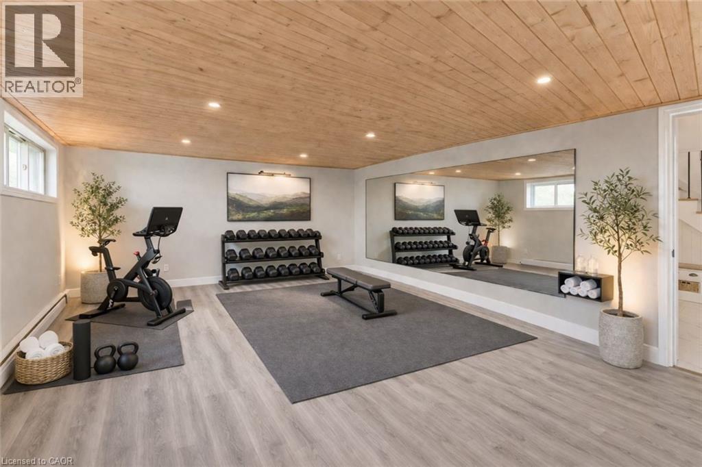 Dedicated fitness area featuring a light-colored wooden ceiling, recessed lighting, and light-toned flooring - 400 Manchester Road, Kitchener, ON - Indoor Photo Showing Gym Room