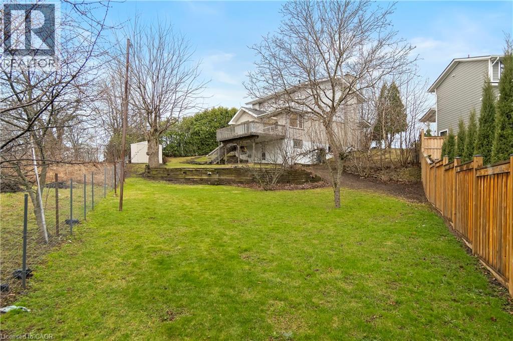 The property features a spacious lawn area with a wooden fence along one side and mature trees - 36 Buckingham Drive, Hamilton, ON - Outdoor