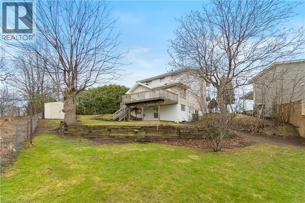 The property features a tiered yard with a vibrant green lawn and mature trees - 36 Buckingham Drive, Hamilton, ON - Outdoor