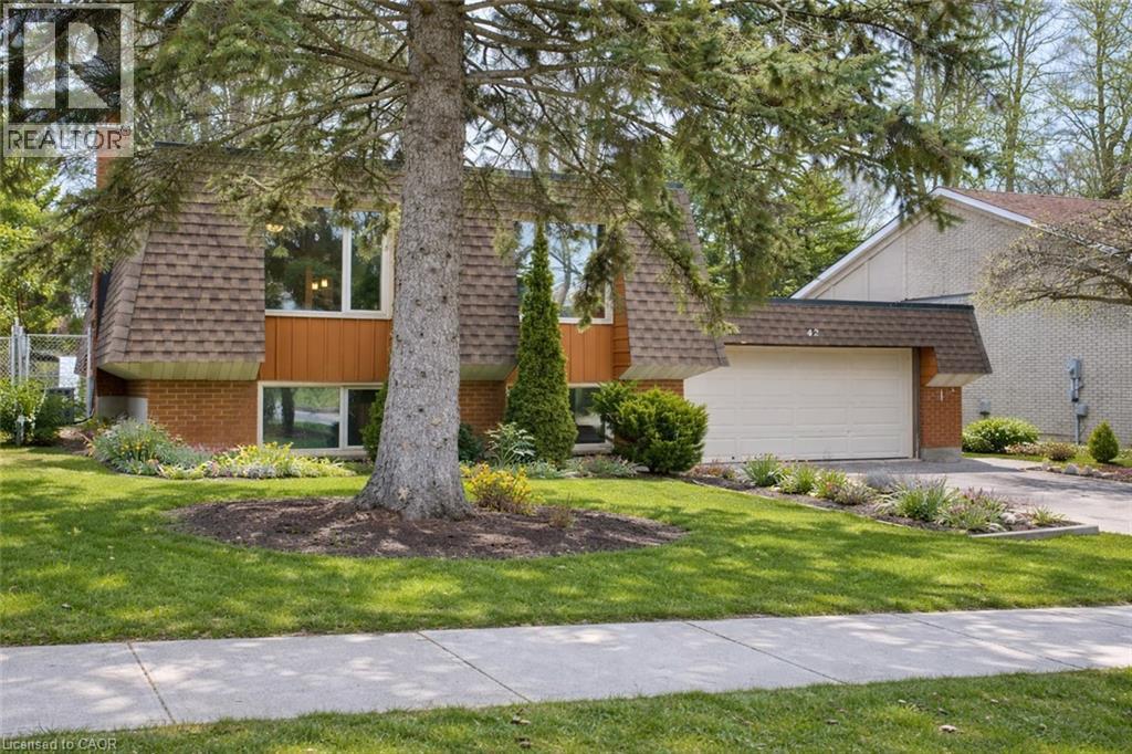 The property features a well-maintained front yard with mature trees and landscaping, a driveway, and an attached garage - 42 Culpepper Drive, Waterloo, ON - Outdoor