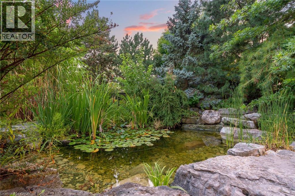 The property features a tranquil pond with lily pads, surrounded by lush greenery and mature trees - 4278 Clubview Drive, Burlington, ON - Outdoor