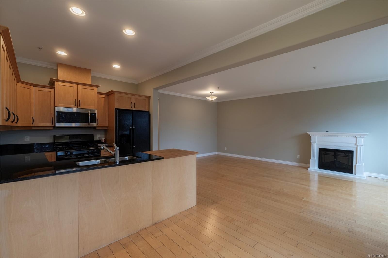 201-9942 Third St, Sidney, BC - Indoor Photo Showing Kitchen With Fireplace With Double Sink